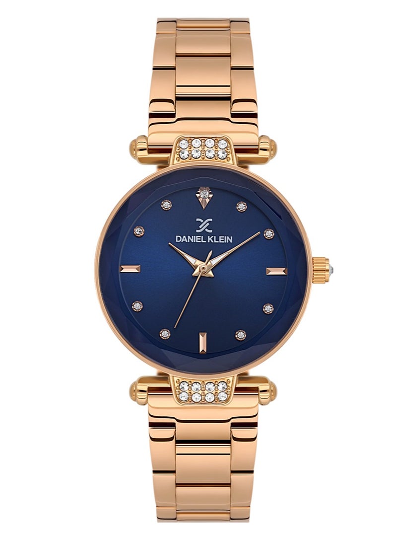 دانيل كلاين ساعة دانيال كلاين النسائية - مصنوعة ستانلس ستيل | هيكل من سبيكة الذهبي الوردي | تناظرية | قرص أزرق دائري بنقشة مشع | حركة كوارتز يابانية | فاخرة | مقاومة للماء حتى عمق 30 مترًا - Image 1